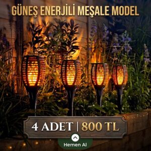4 Adet - Led Alev Efektli Solar Lamba Dekoratif Bahçe Aydınlatma Meşale